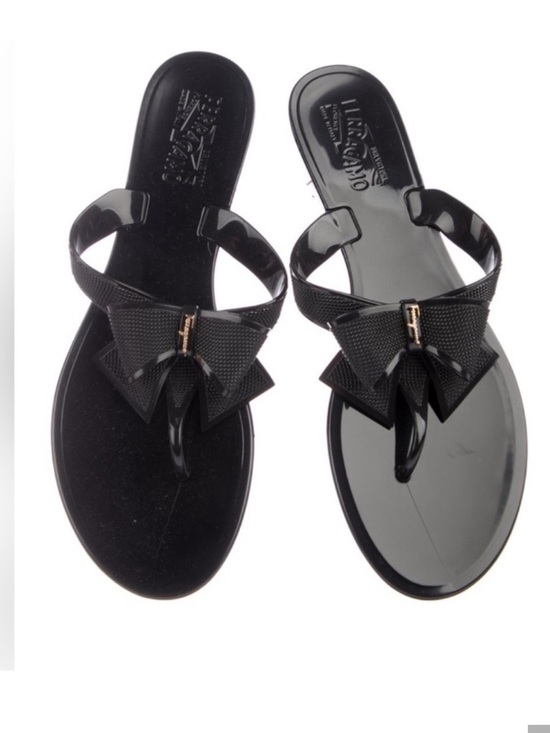 Salvatore Ferragamo Shoes - Salvatore Ferragamo Black Bow Jelly Thong Sandals with Gold Logo Accent